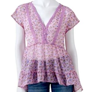 Eyelash Couture Sheer Babydoll V-Neck Short Sleeve Blouse medium